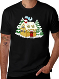 Whimsical Winter House Graphic Tee - Black