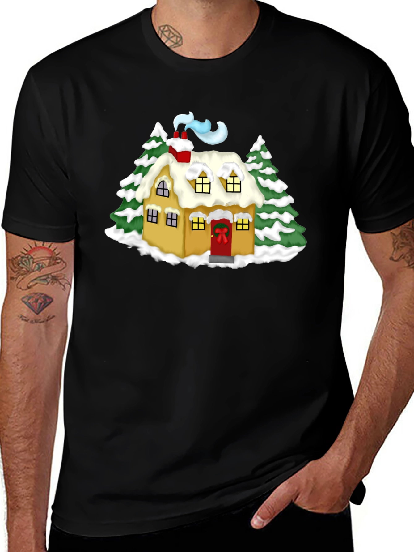 Whimsical Winter House Graphic Tee - Black