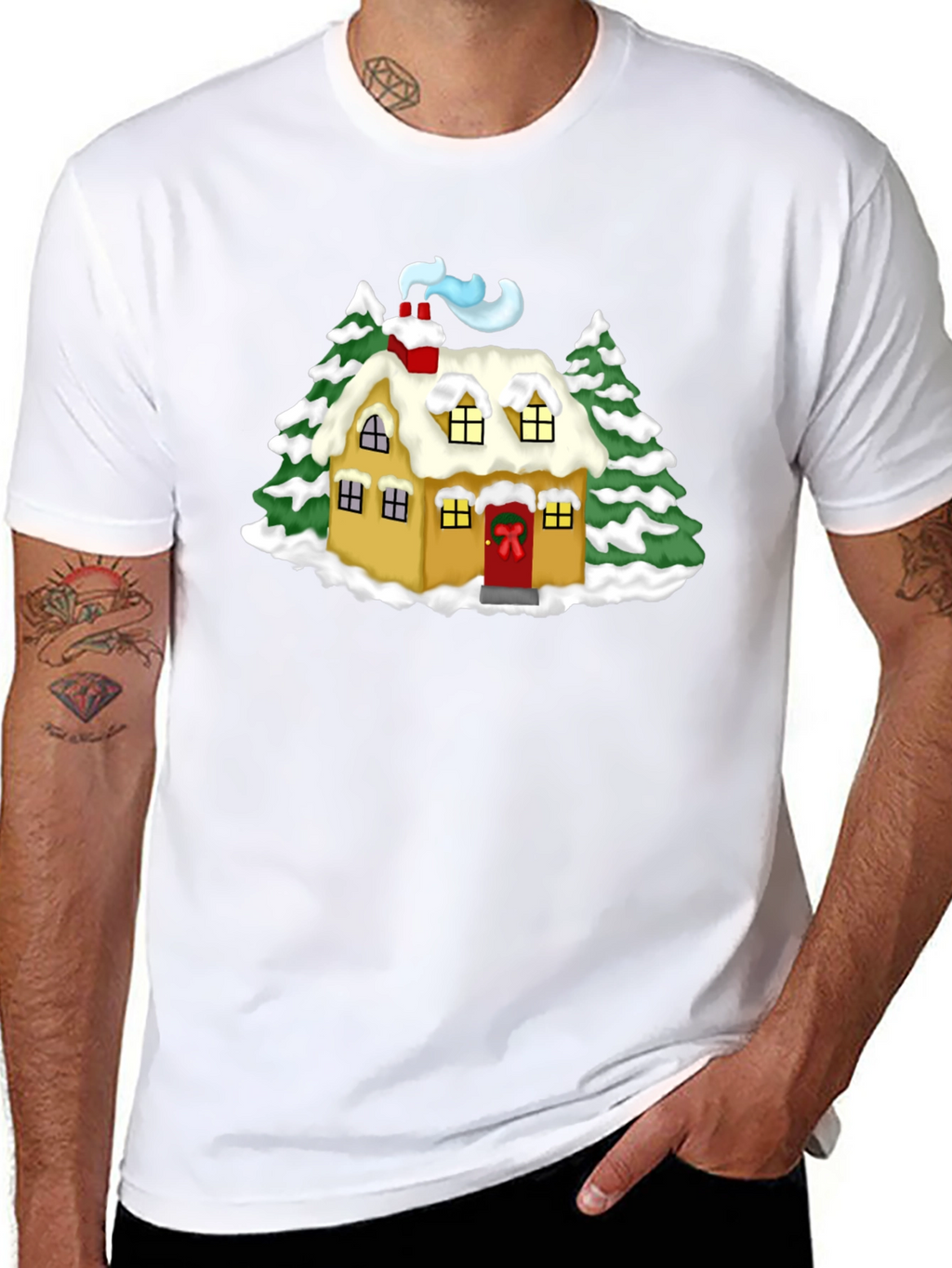 Whimsical Winter House Graphic Tee - Black