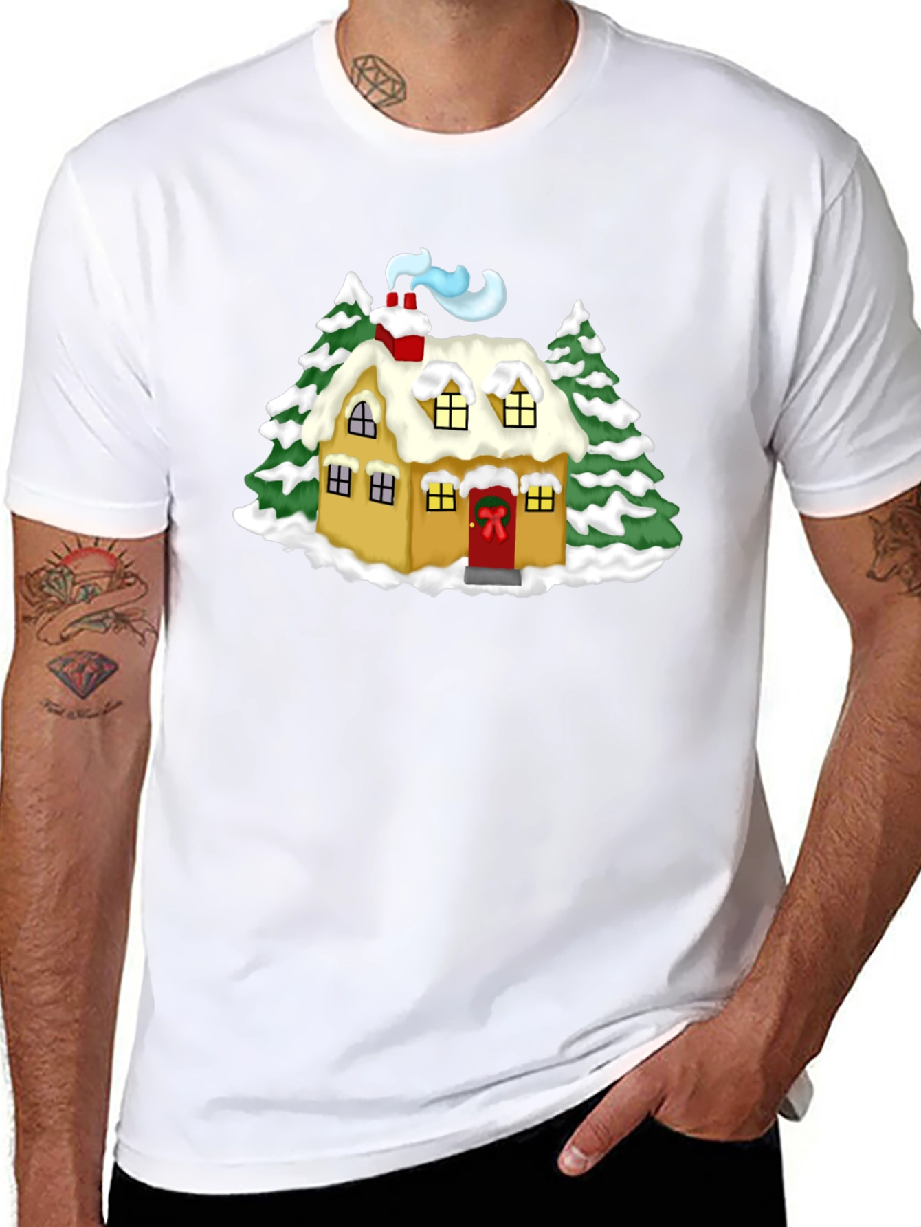 Whimsical Winter House Graphic Tee - Black