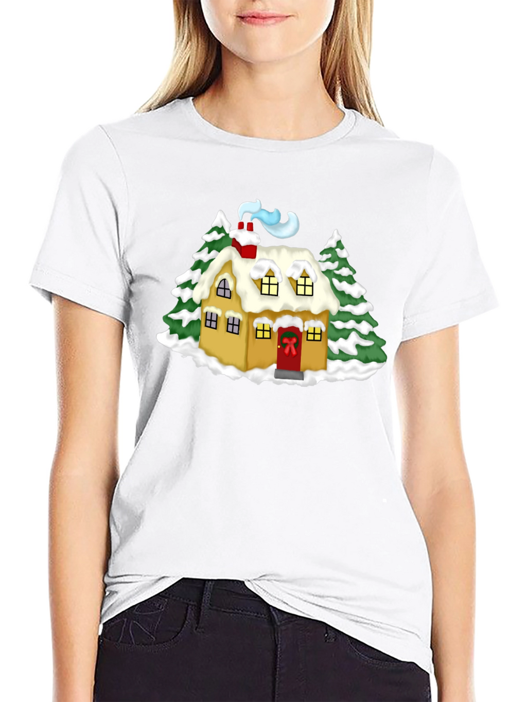 Whimsical Winter House Graphic Tee - Black
