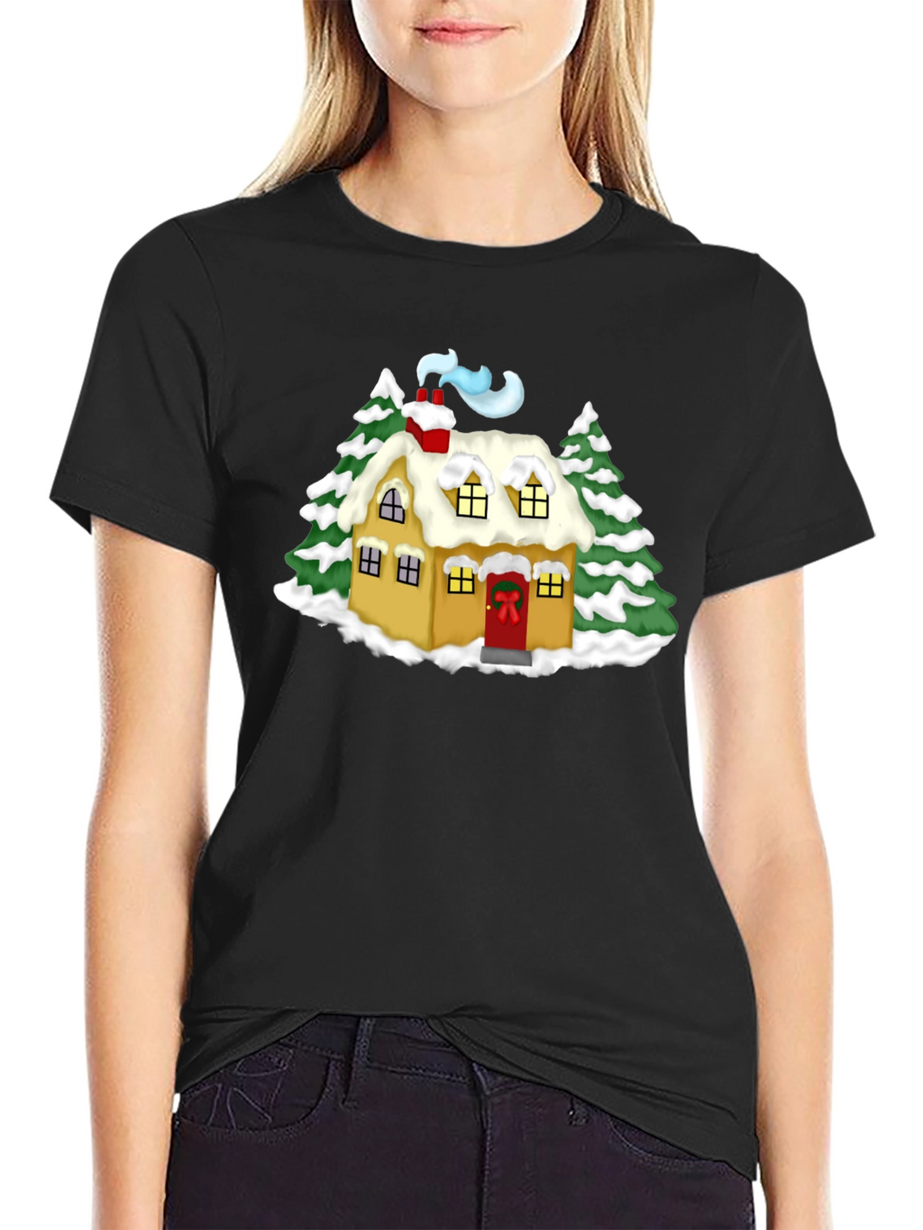 Whimsical Winter House Graphic Tee - Black