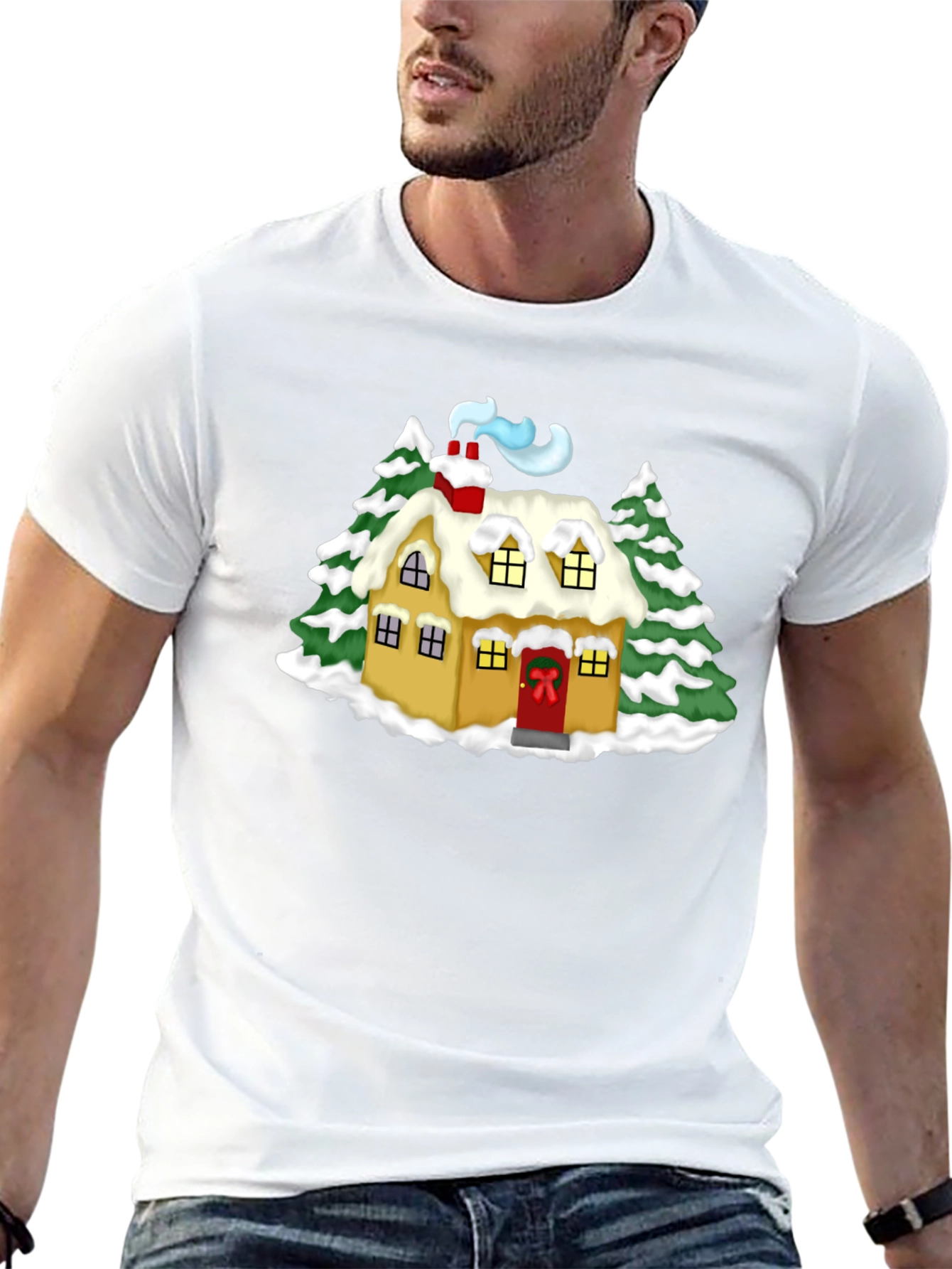 Whimsical Winter House Graphic Tee - Black