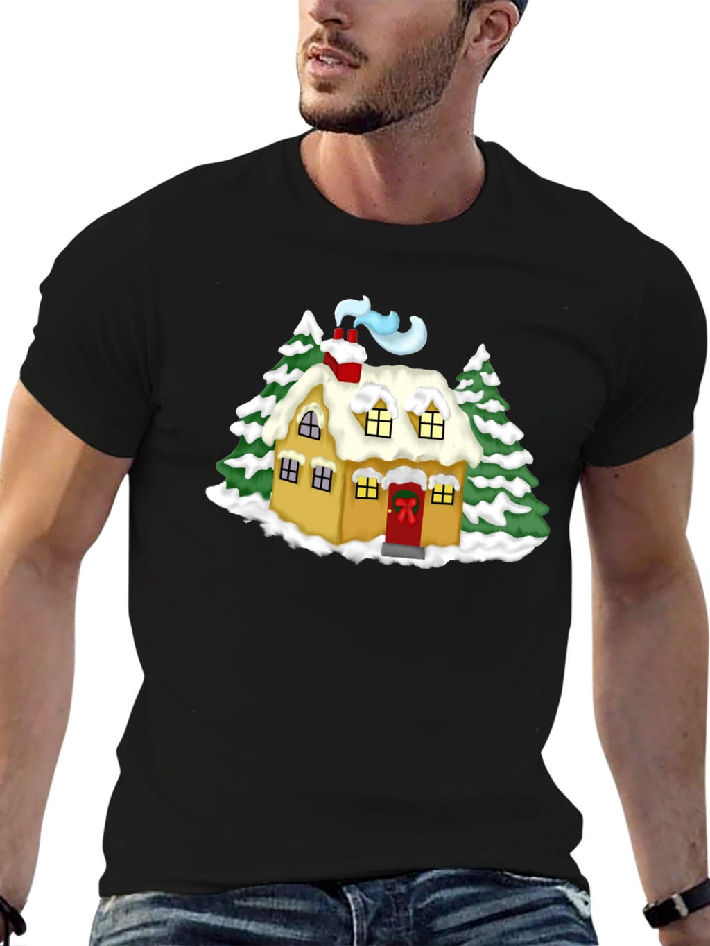 Whimsical Winter House Graphic Tee - Black