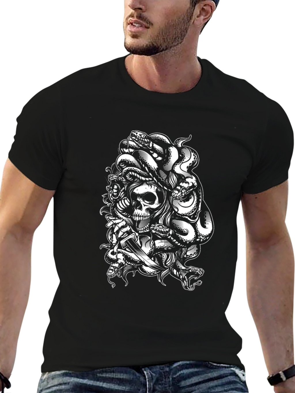Skull & Snake Graphic Tee - Edgy Black T-Shirt