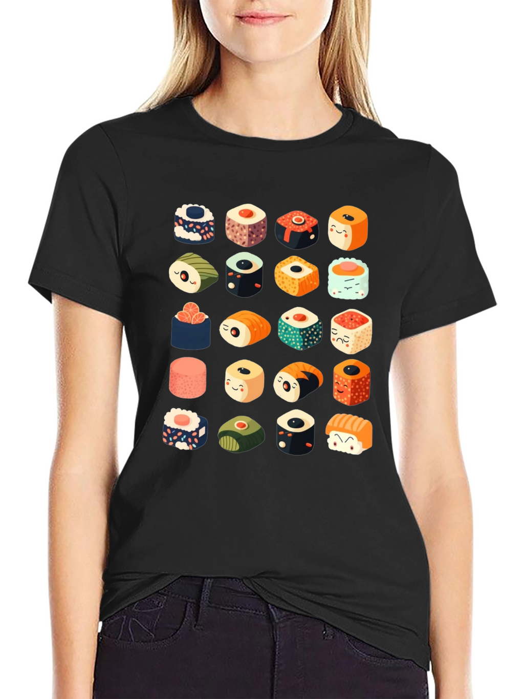 Sushi Pattern Black T-Shirt