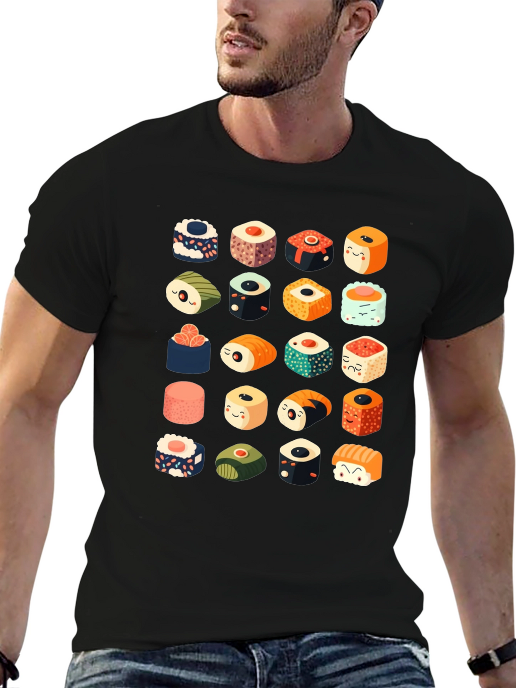 Sushi Pattern Black T-Shirt