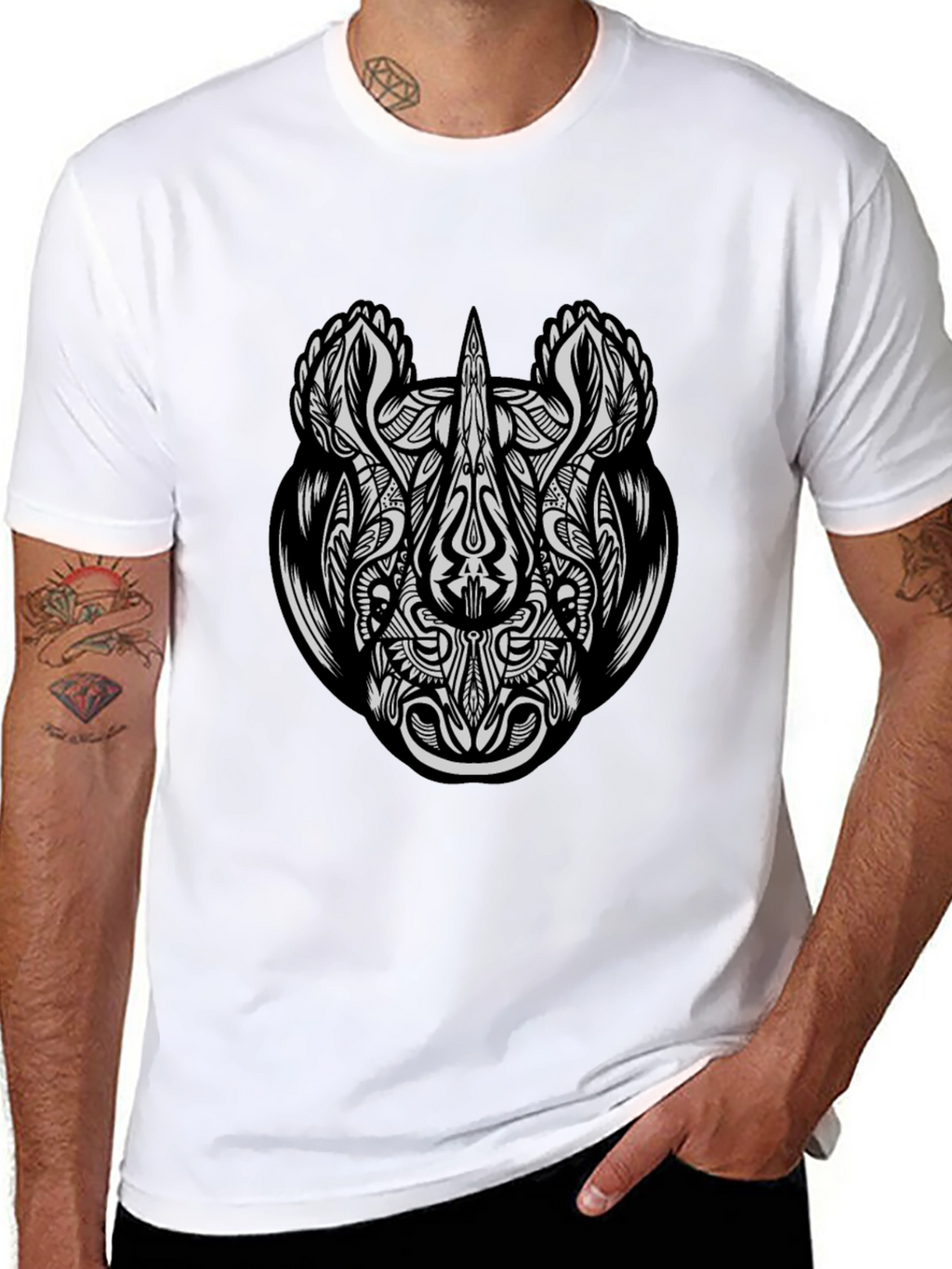Tribal Rhino Graphic Tee - Black Cotton T-Shirt