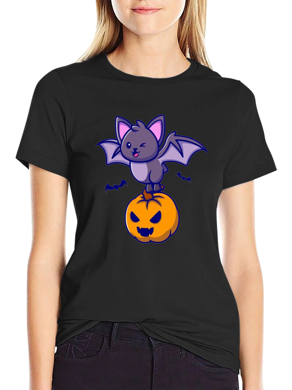 Halloween Bat & Pumpkin Graphic T-Shirt