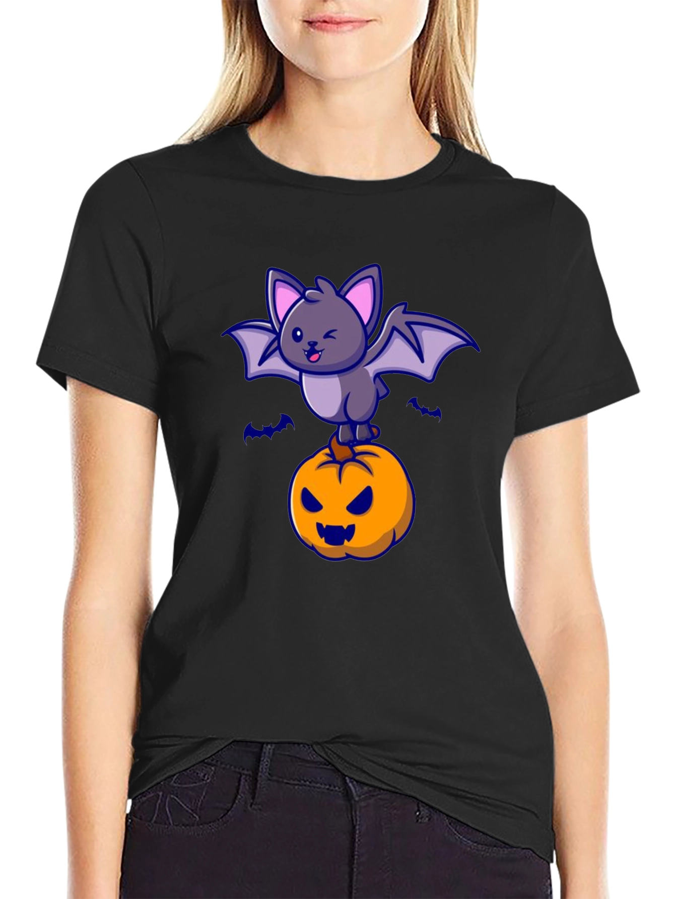 Halloween Bat & Pumpkin Graphic T-Shirt