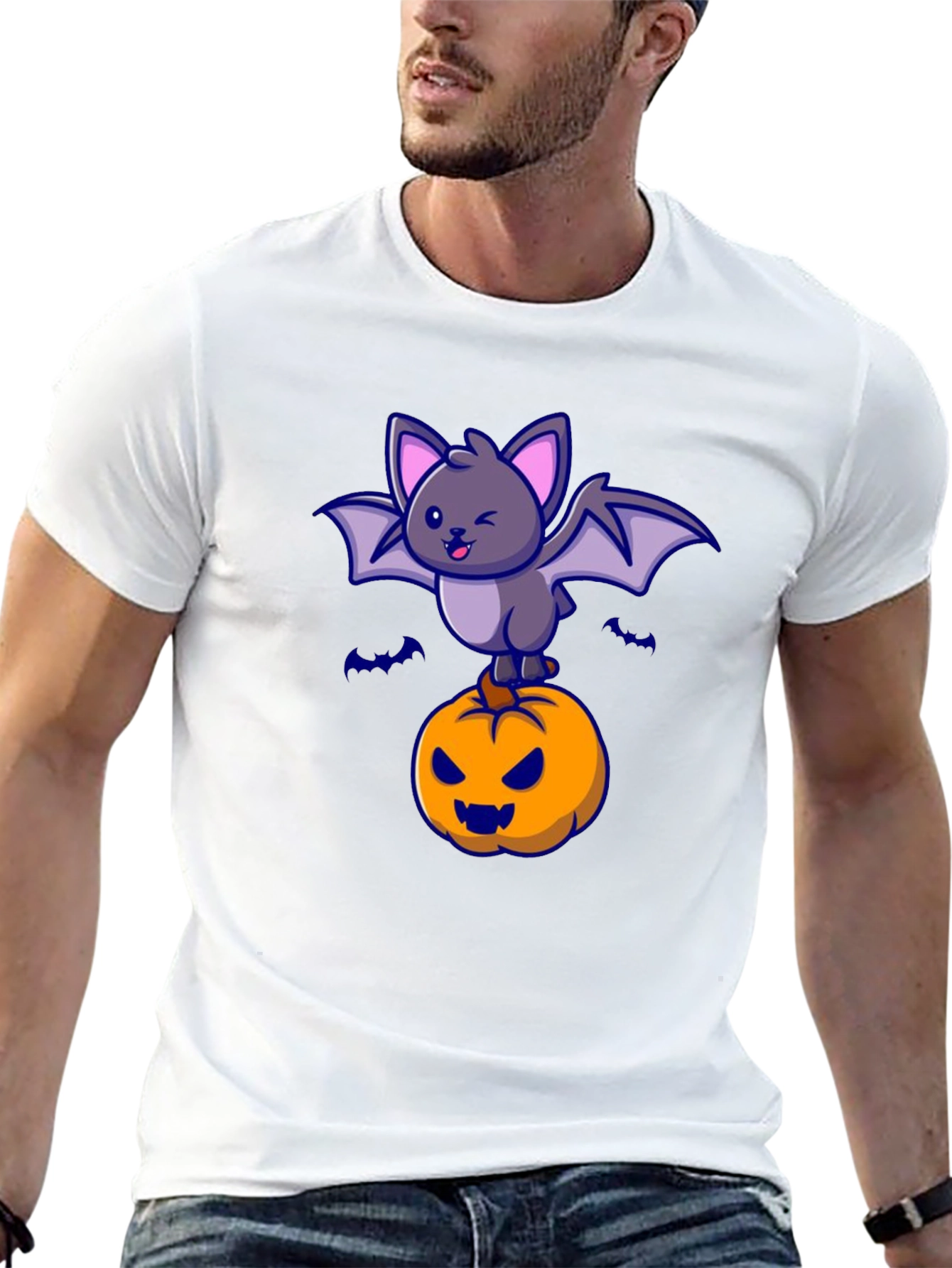 Halloween Bat & Pumpkin Graphic T-Shirt