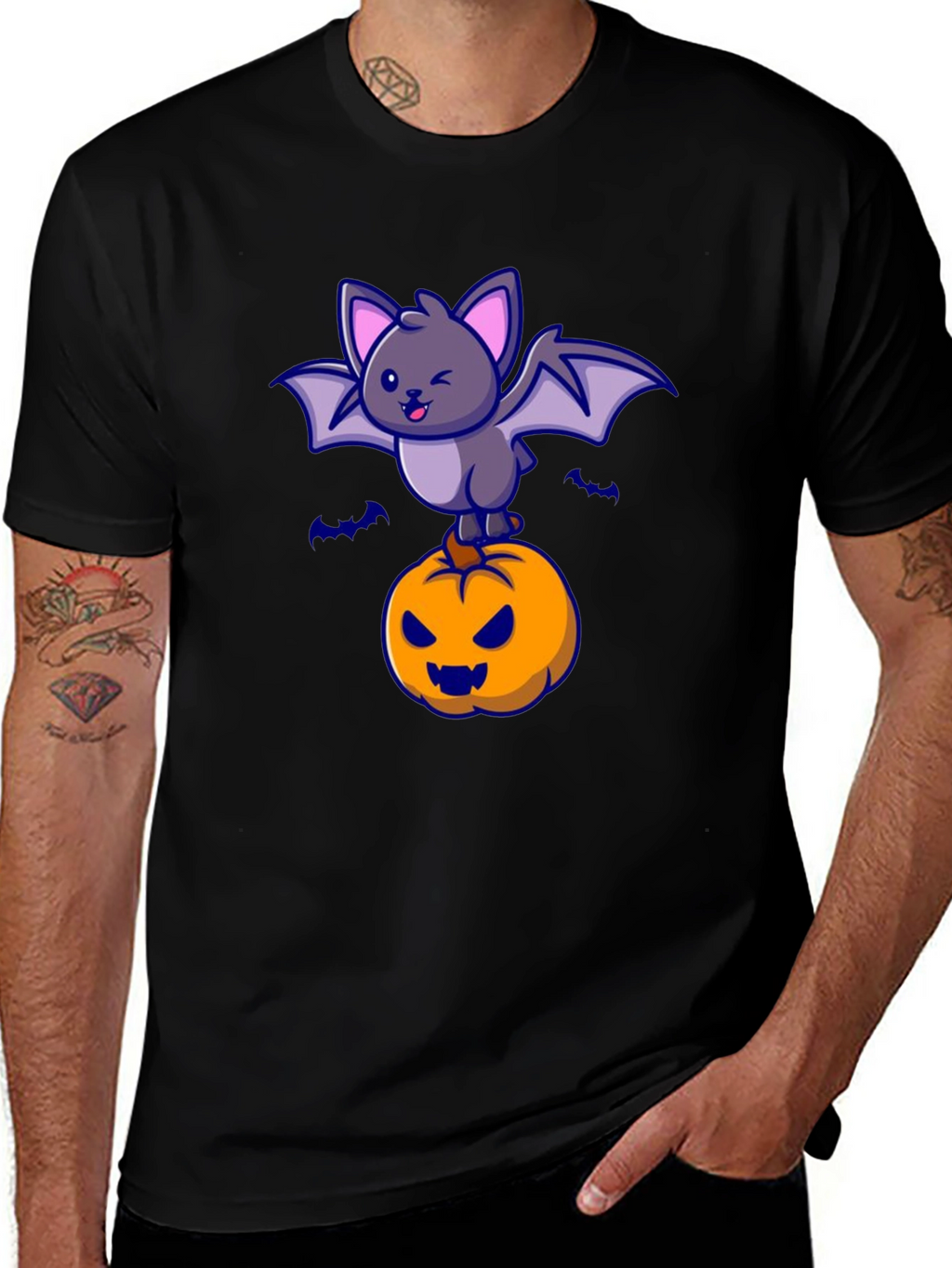 Halloween Bat & Pumpkin Graphic T-Shirt
