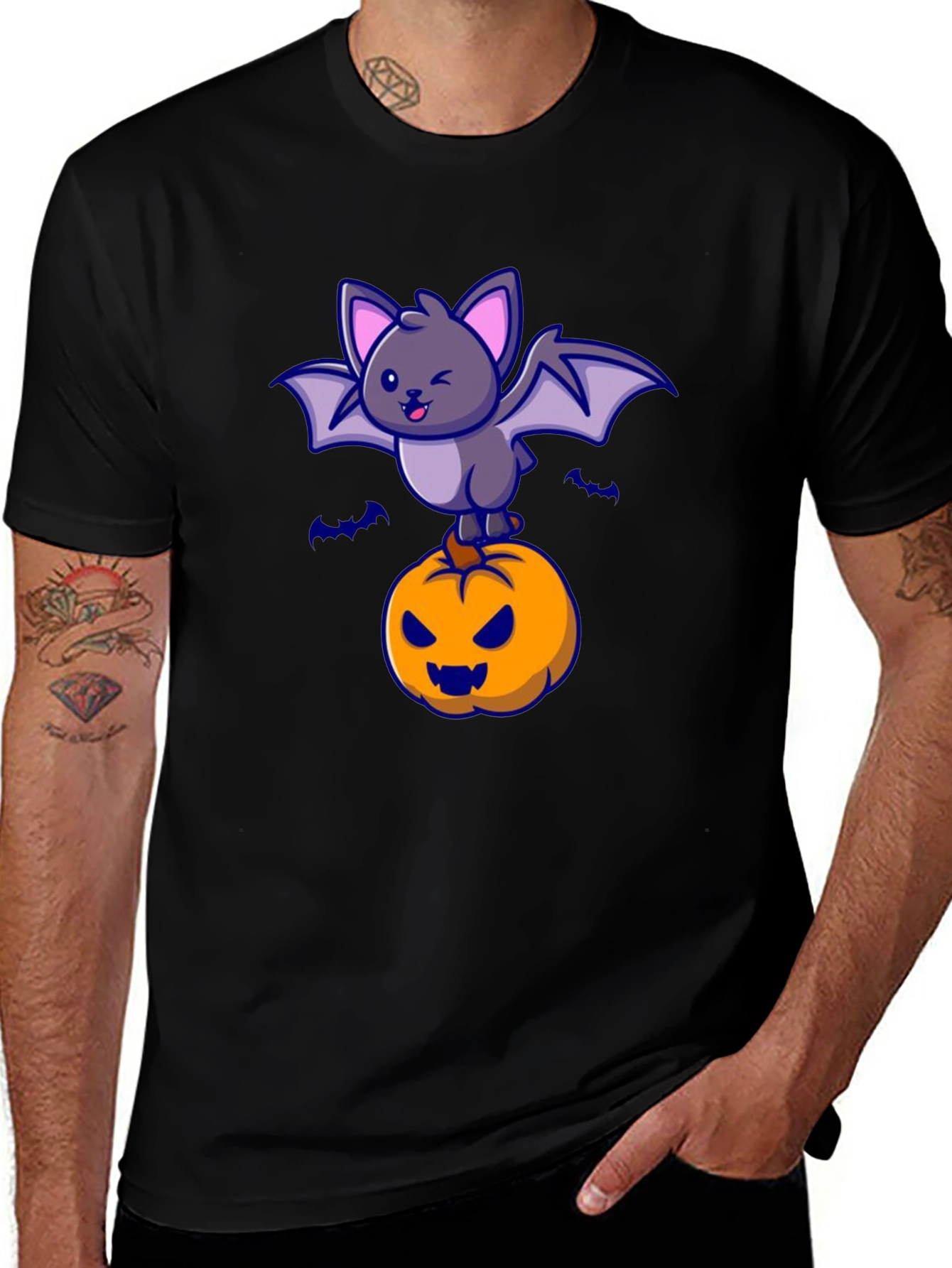 Halloween Bat & Pumpkin Graphic T-Shirt