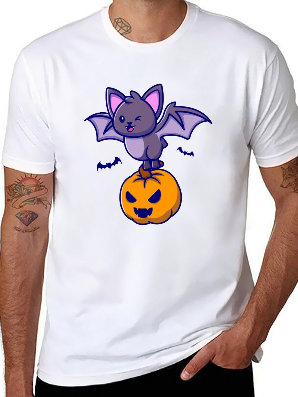 Halloween Bat & Pumpkin Graphic T-Shirt