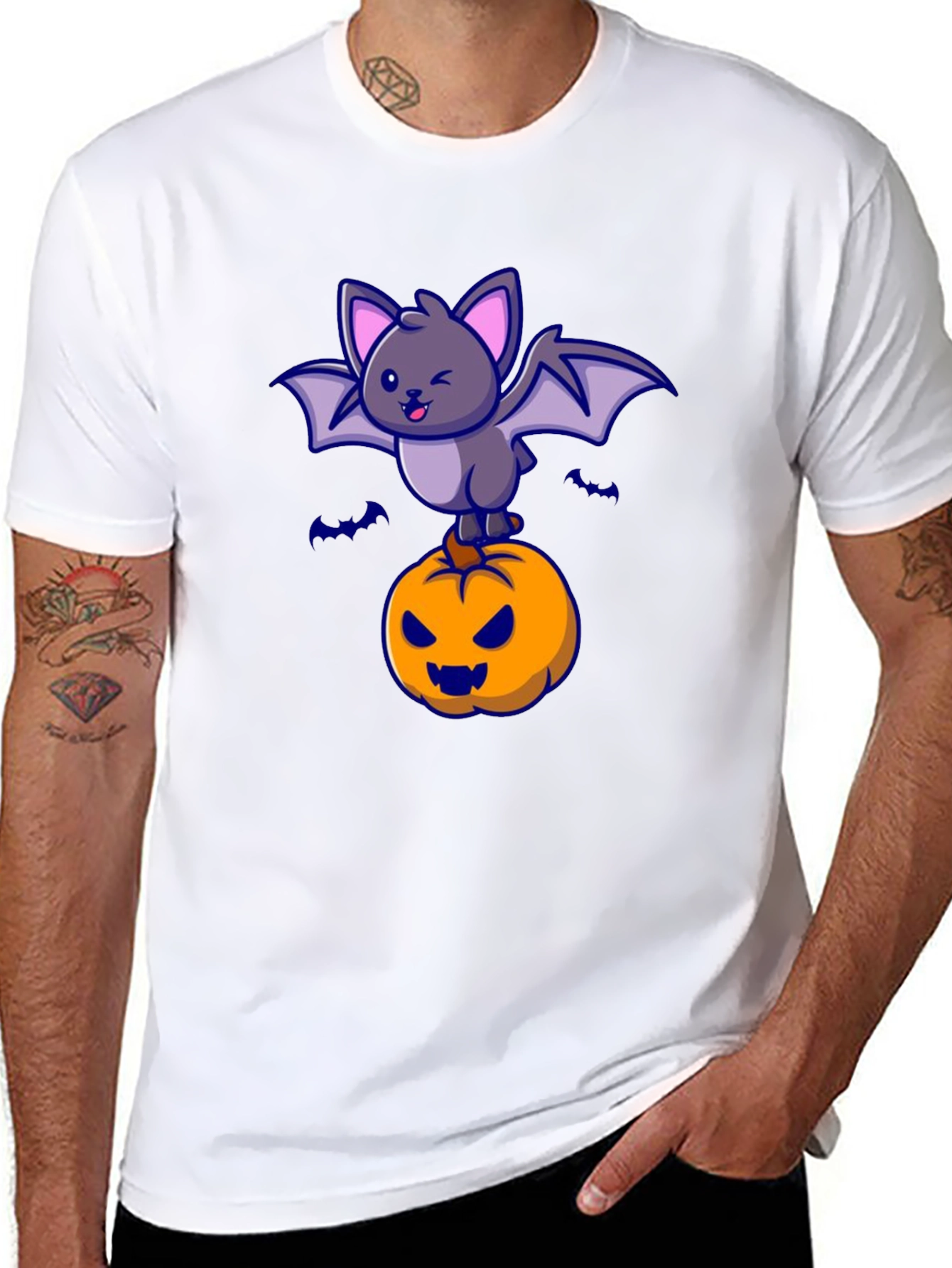 Halloween Bat & Pumpkin Graphic T-Shirt