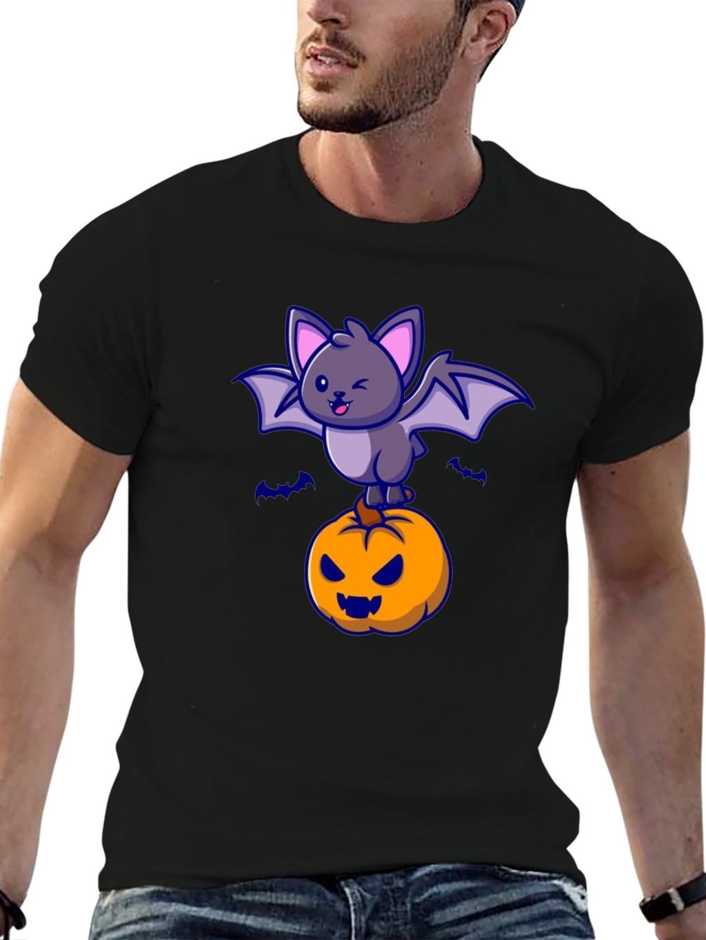 Halloween Bat & Pumpkin Graphic T-Shirt