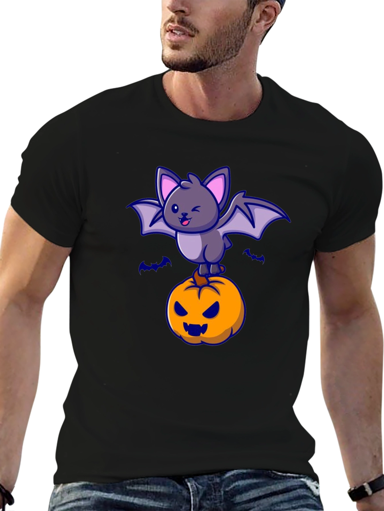 Halloween Bat & Pumpkin Graphic T-Shirt