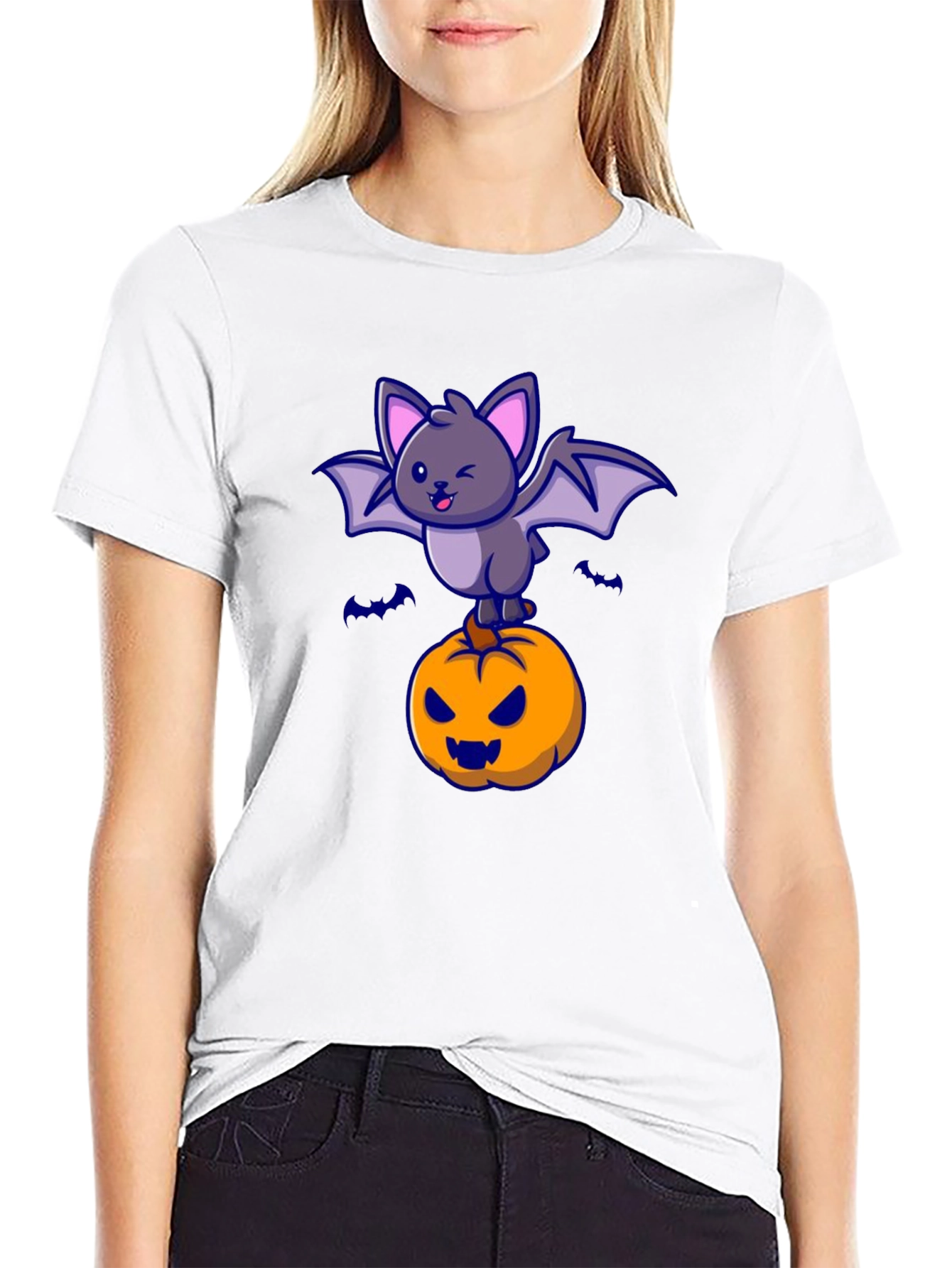 Halloween Bat & Pumpkin Graphic T-Shirt