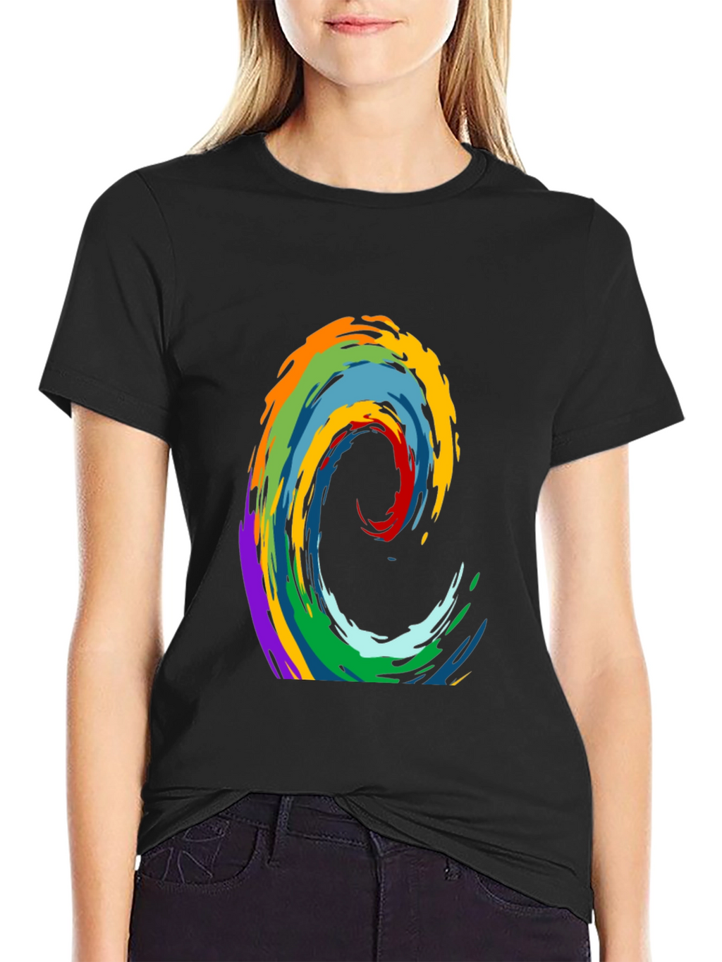 Rainbow Wave Graphic Print Black T-Shirt