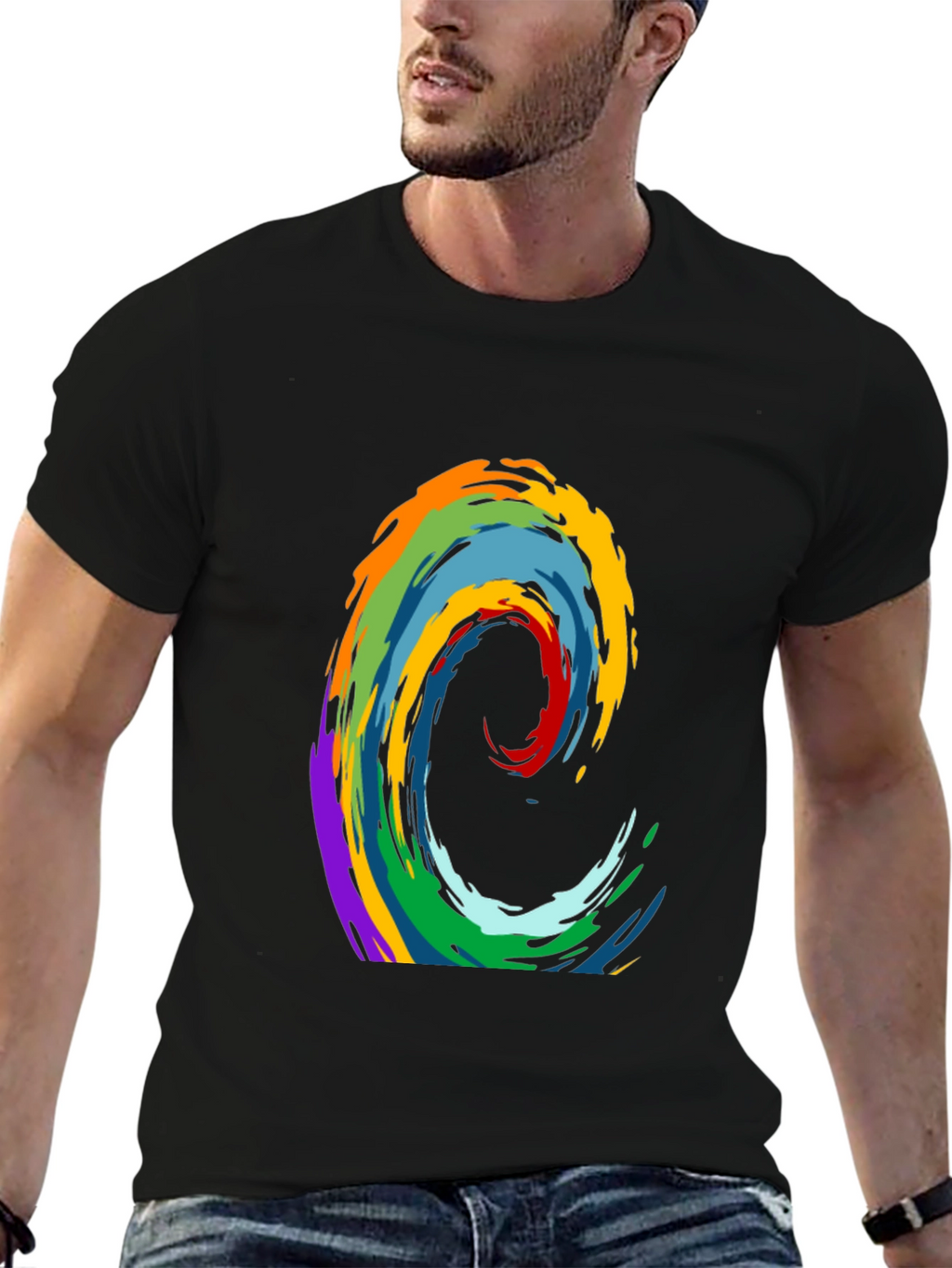 Rainbow Wave Graphic Print Black T-Shirt