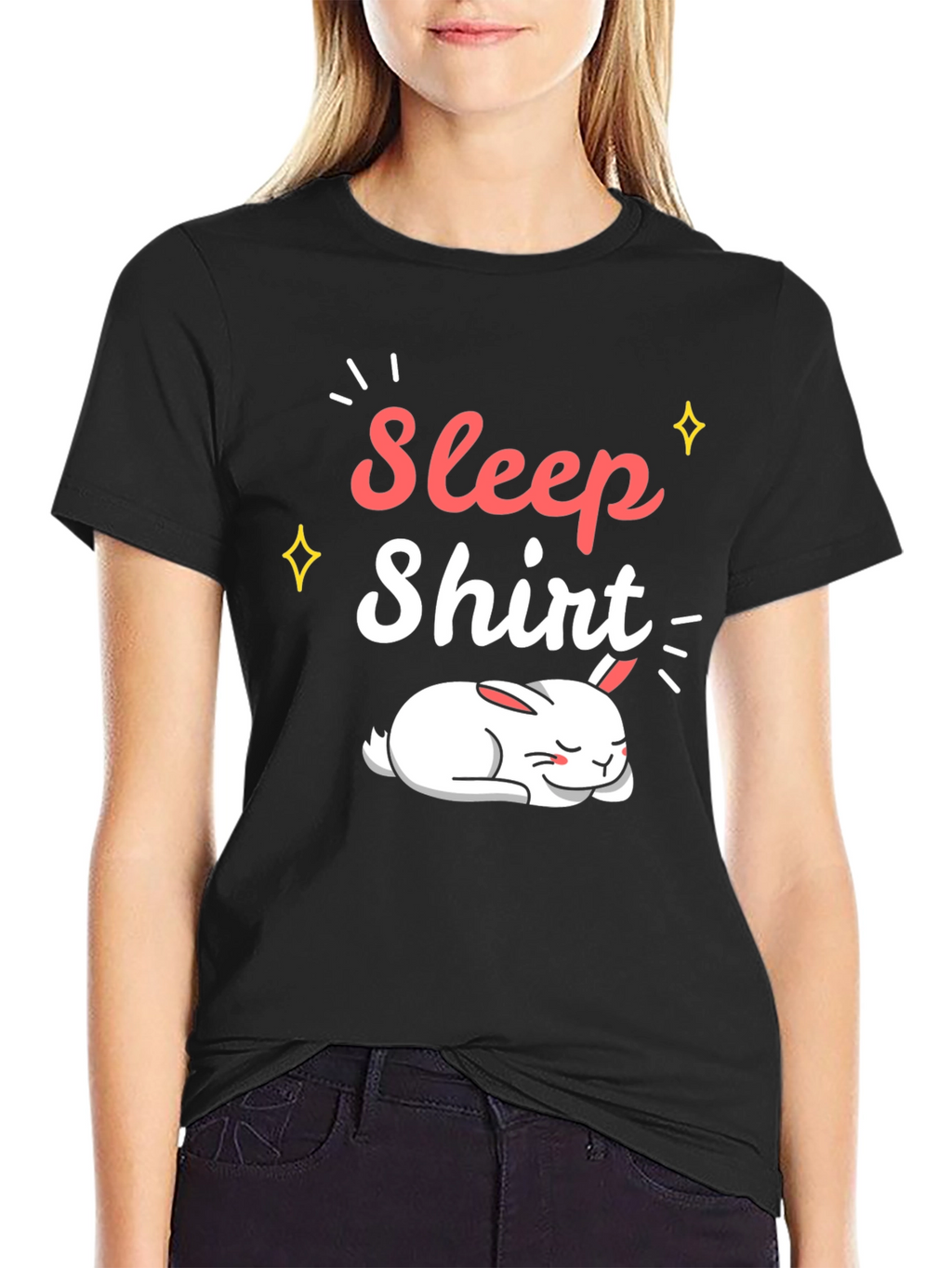 Sleep Shirt Black Cotton Tee with Sleeping Bunny