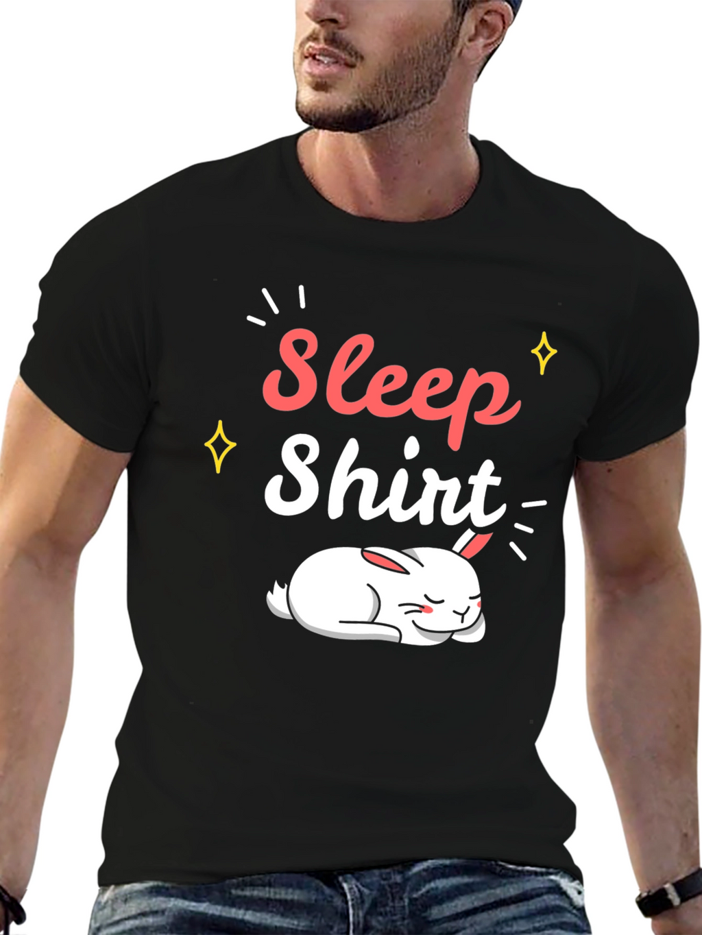 Sleep Shirt Black Cotton Tee with Sleeping Bunny