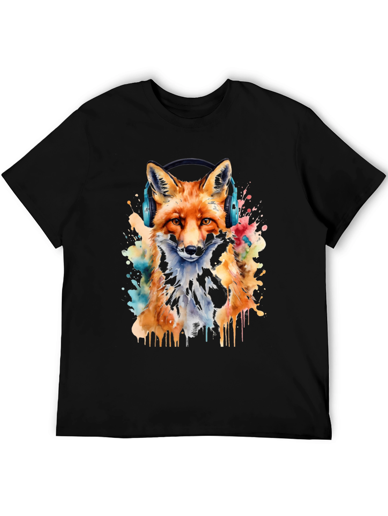 Fox with Headphones Watercolor T-Shirt - Cool Graphic Tee