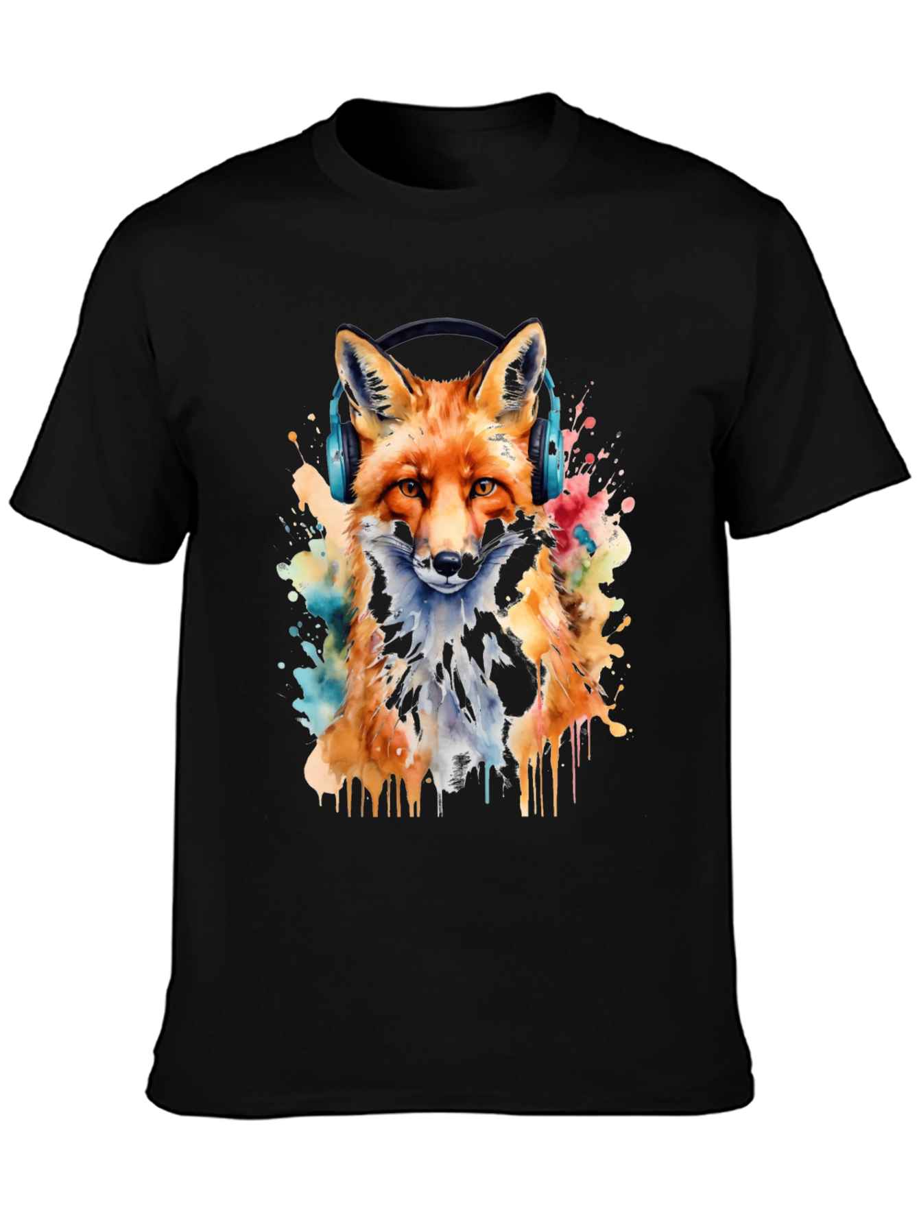 Fox with Headphones Watercolor T-Shirt - Cool Graphic Tee