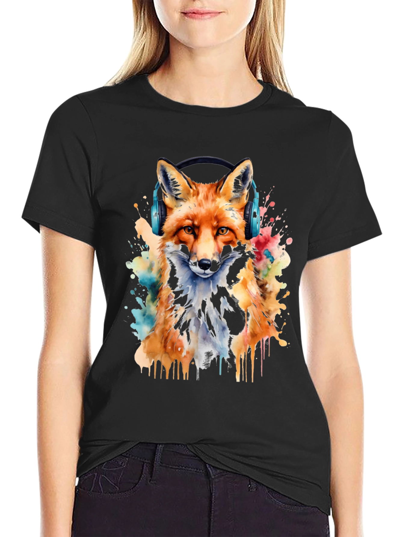 Fox with Headphones Watercolor T-Shirt - Cool Graphic Tee