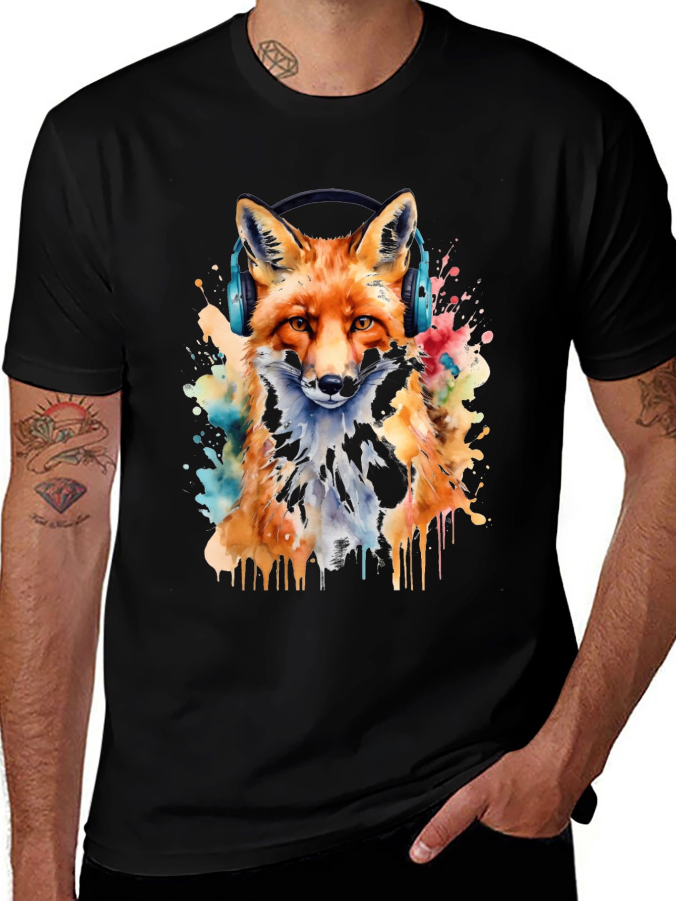 Fox with Headphones Watercolor T-Shirt - Cool Graphic Tee