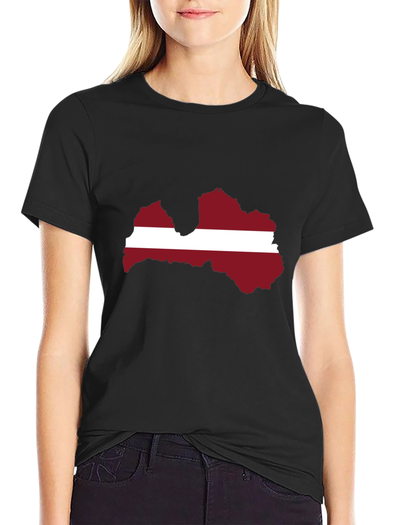 Latvia Flag Map T-Shirt - Black