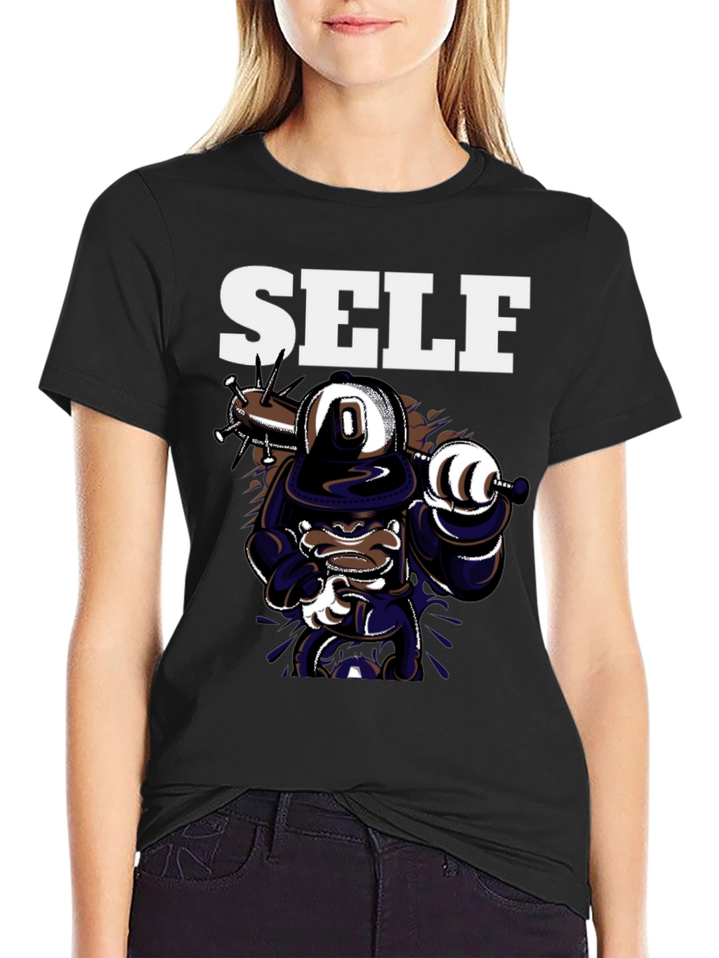 Self Cartoon Graphic Black T-Shirt