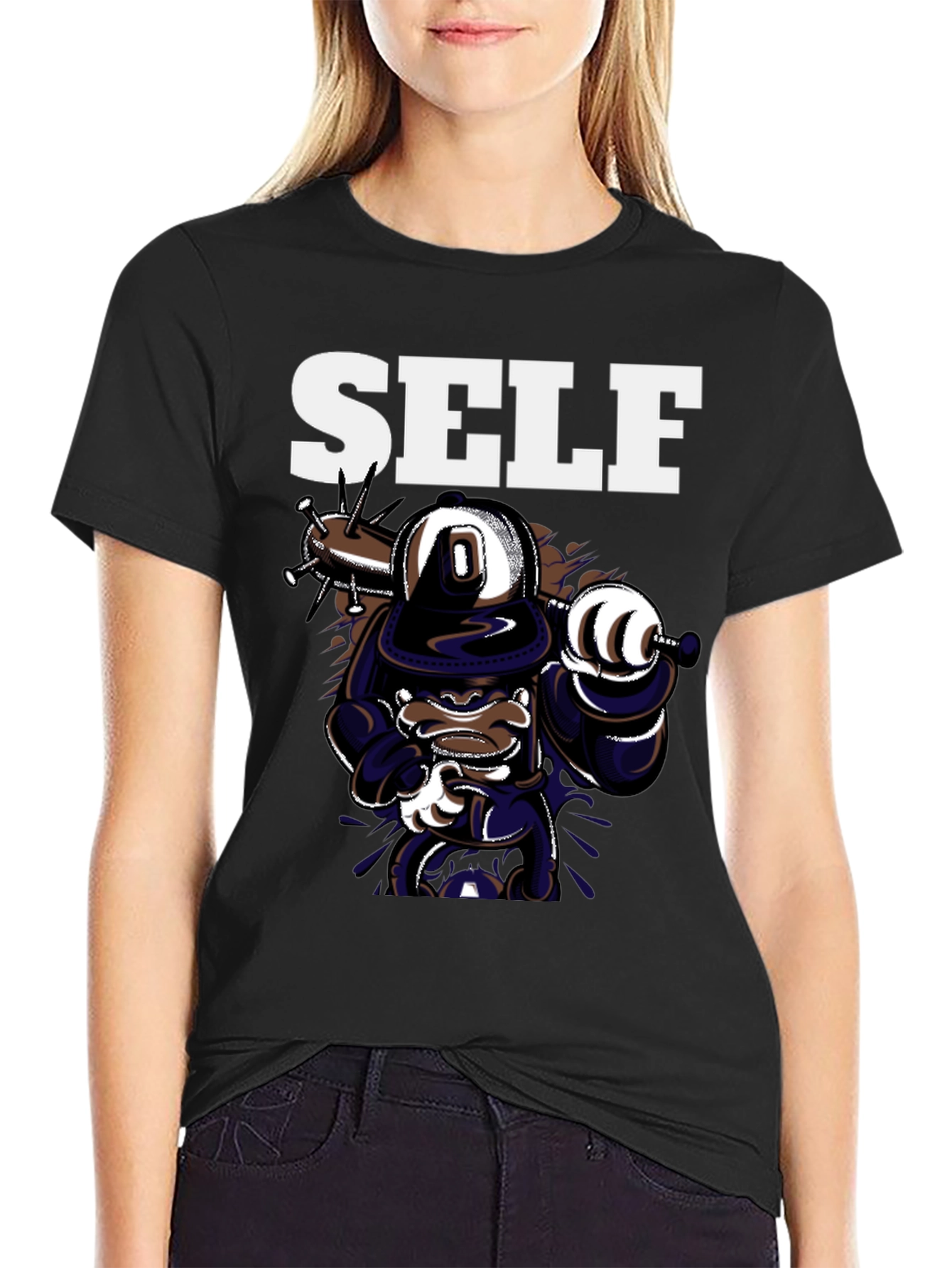 Self Cartoon Graphic Black T-Shirt