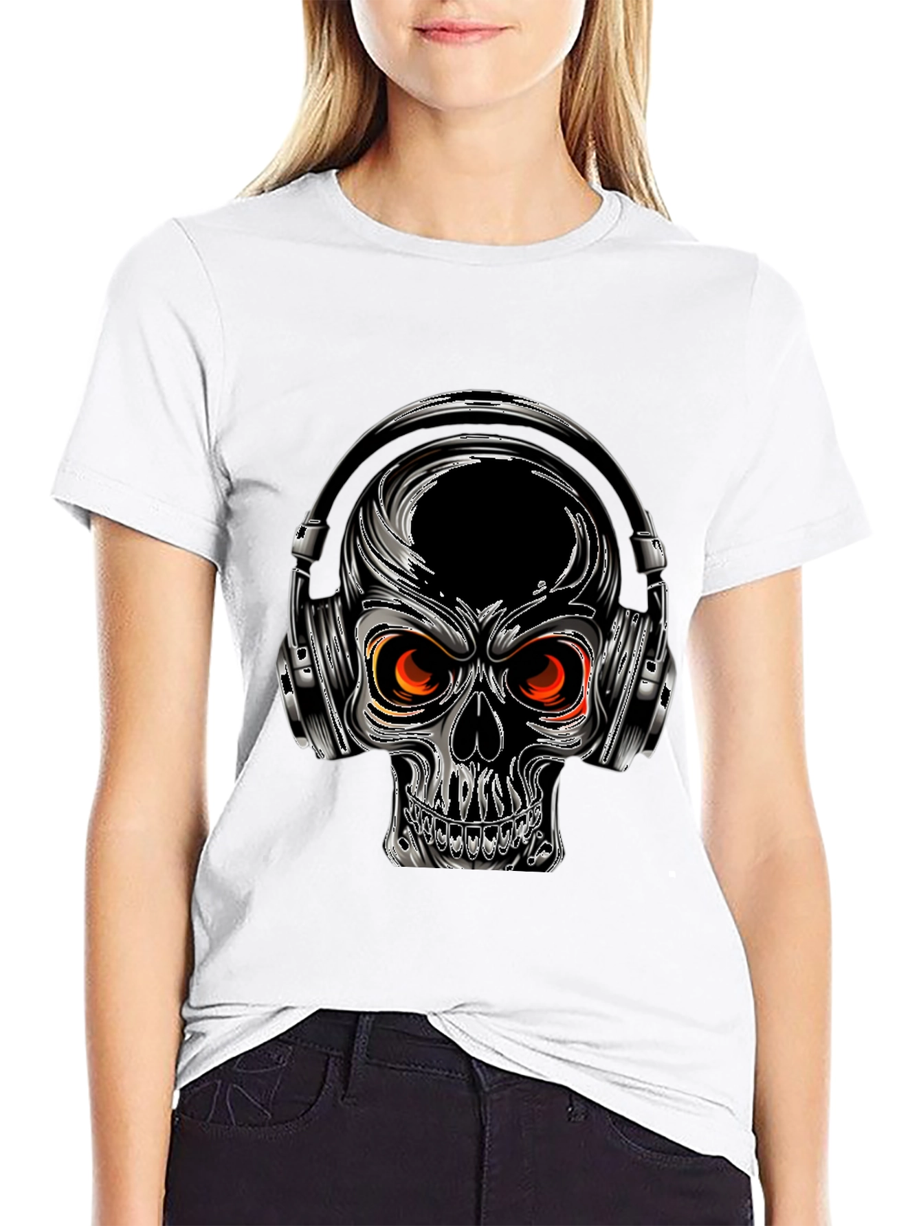 Skull with Headphones Graphic Tee - Black