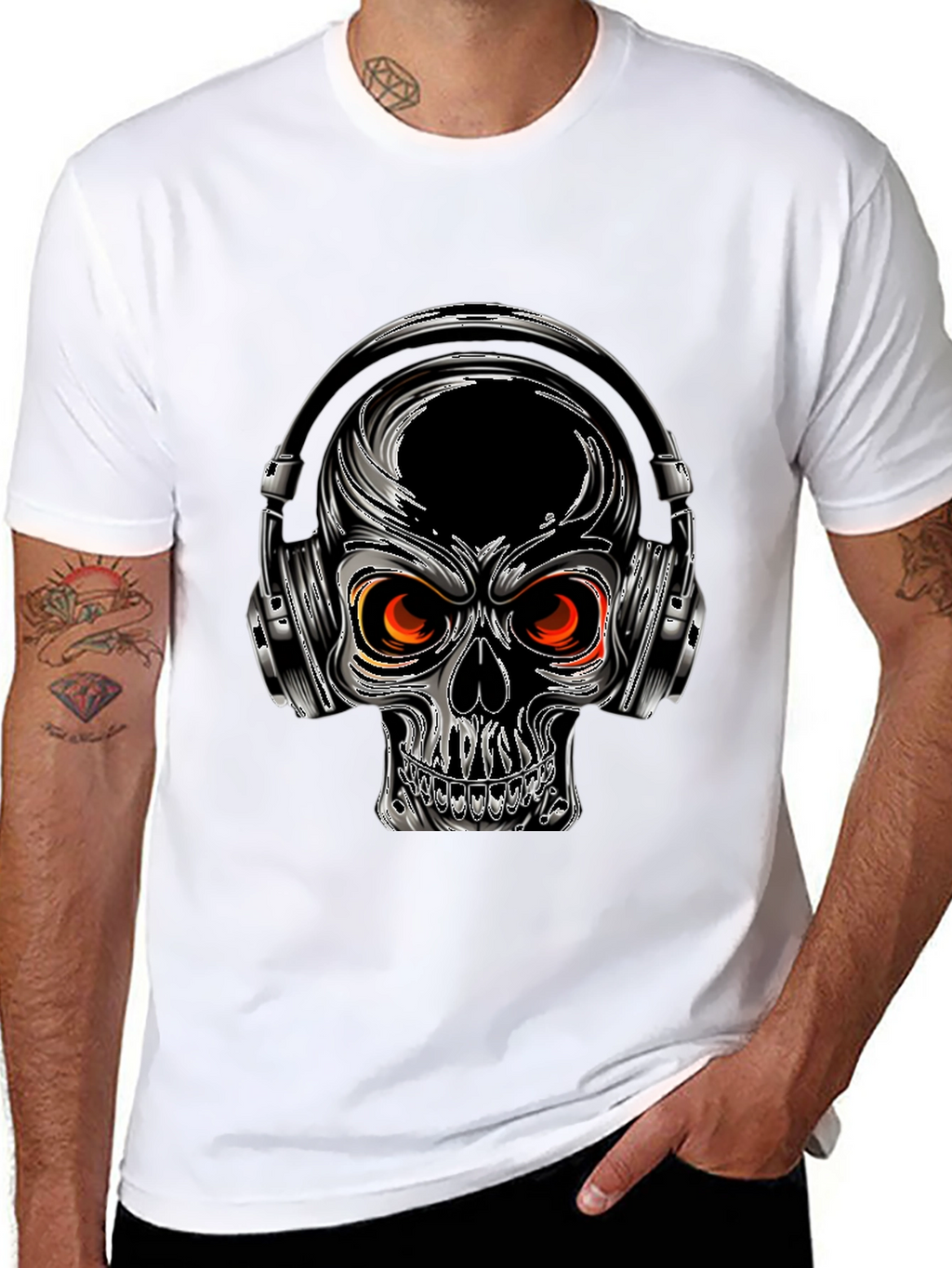 Skull with Headphones Graphic Tee - Black
