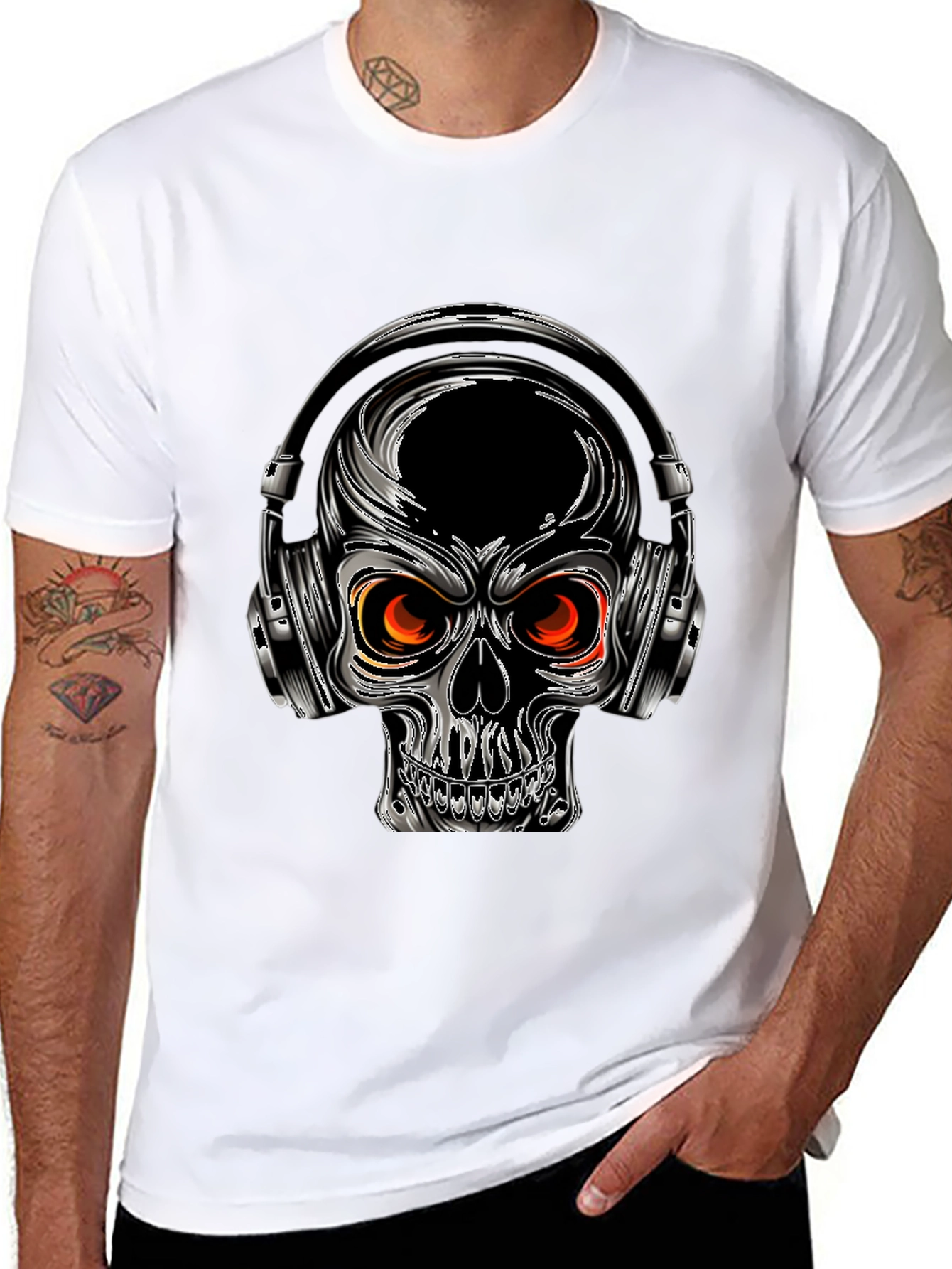 Skull with Headphones Graphic Tee - Black