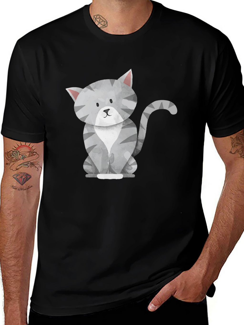 Cute Gray Cat Graphic Tee - Mens Black T-Shirt