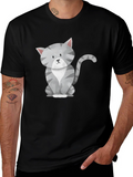 Cute Gray Cat Graphic Tee - Mens Black T-Shirt