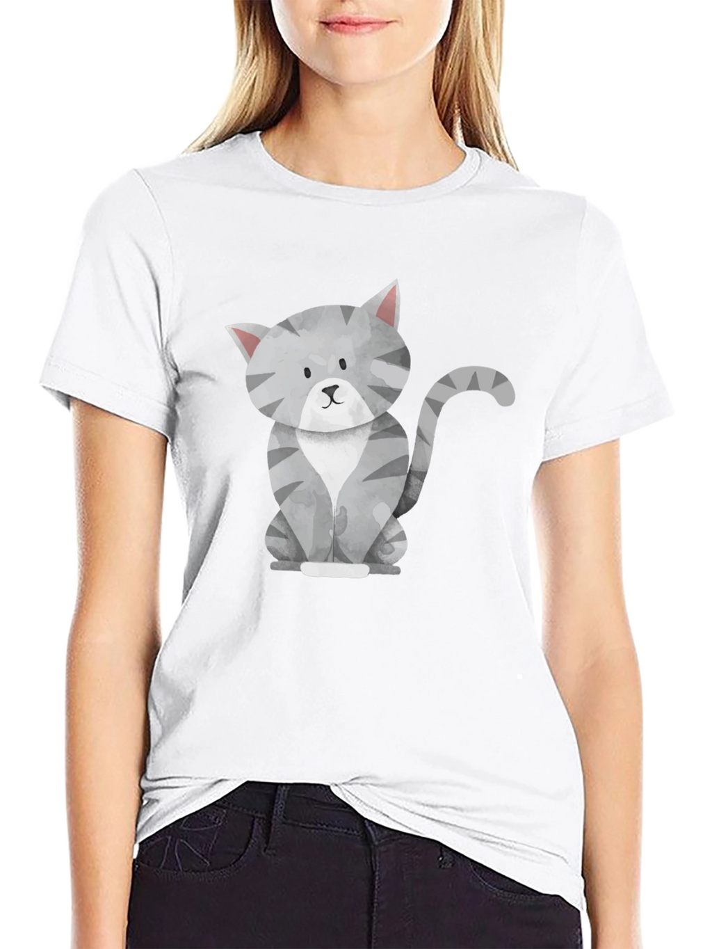 Cute Gray Cat Graphic Tee - Mens Black T-Shirt
