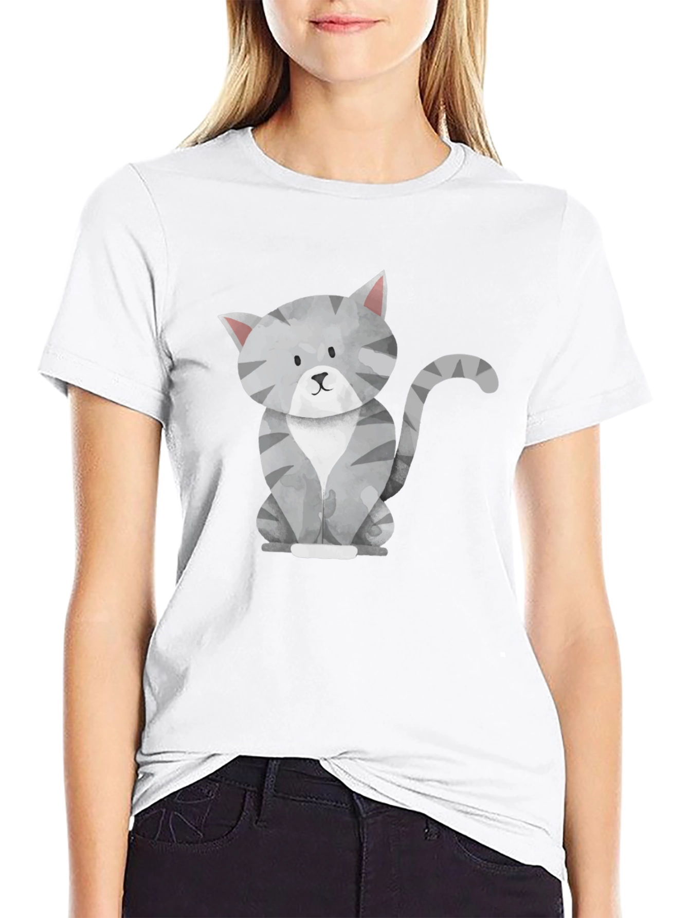 Cute Gray Cat Graphic Tee - Mens Black T-Shirt