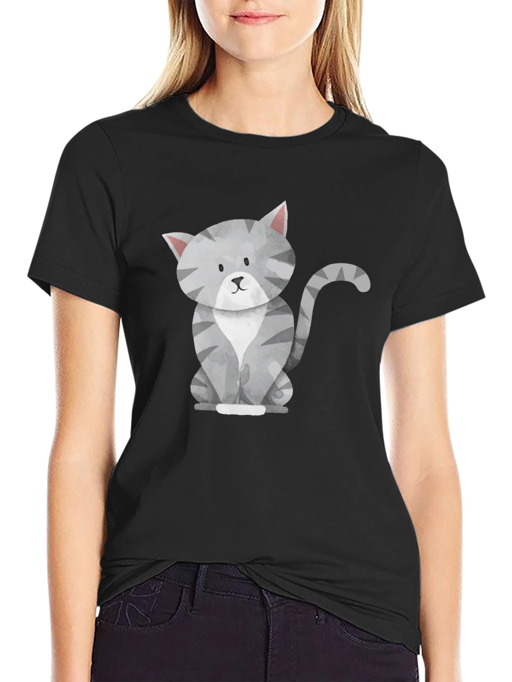 Cute Gray Cat Graphic Tee - Mens Black T-Shirt