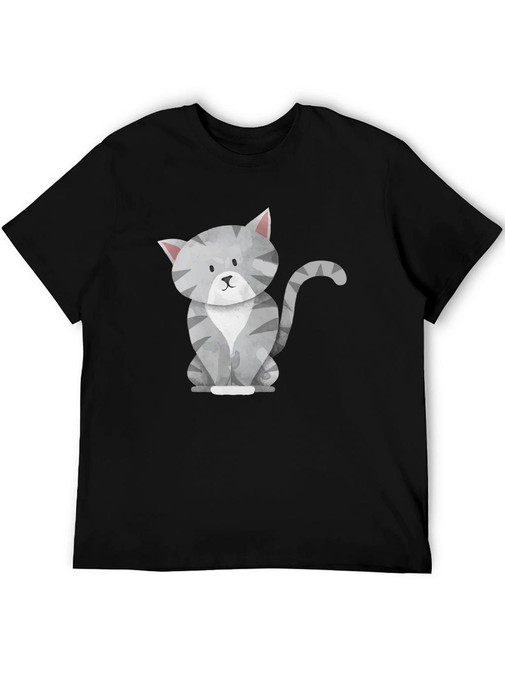 Cute Gray Cat Graphic Tee - Mens Black T-Shirt