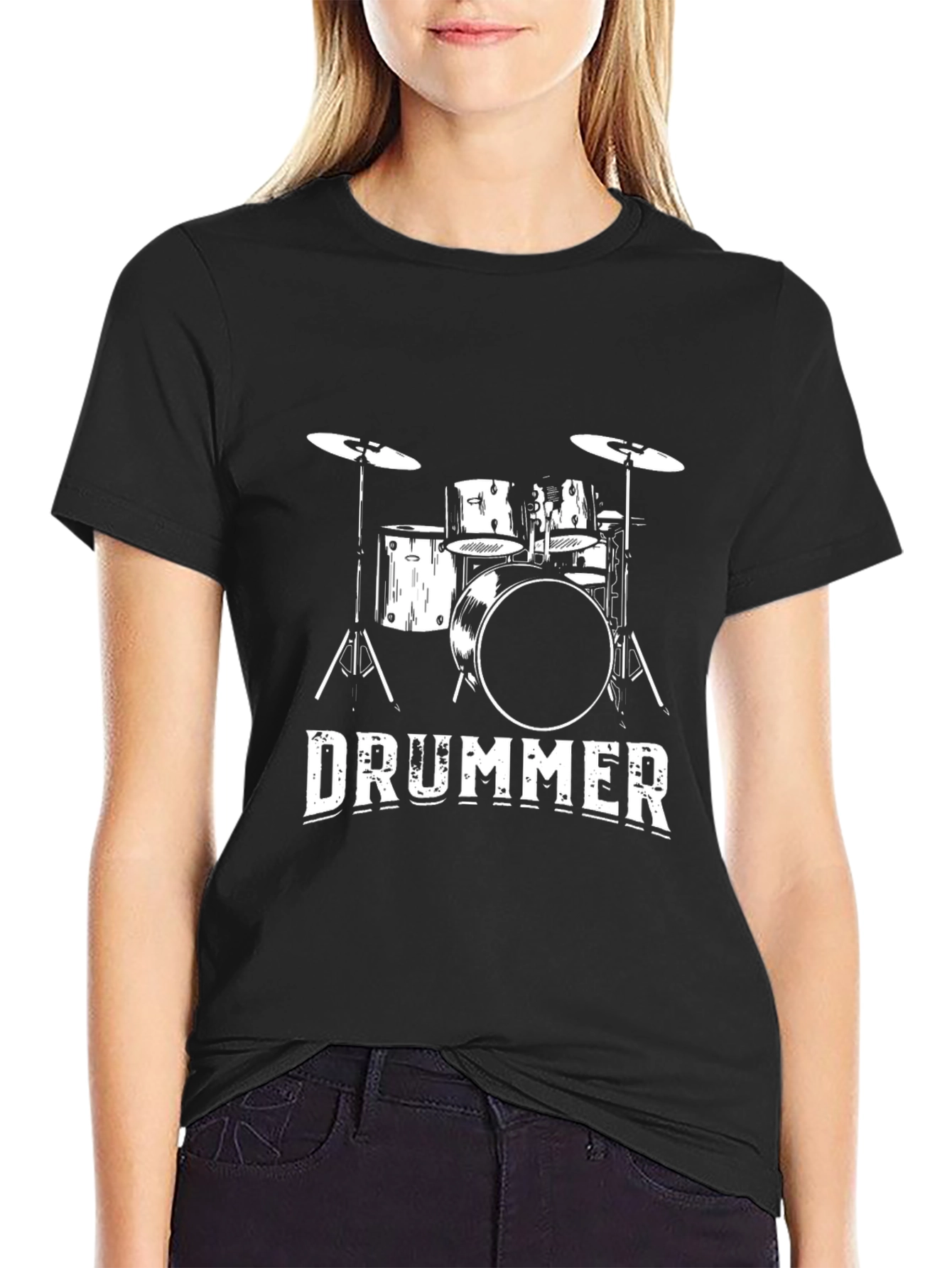Drummer T-Shirt - Black Cotton Tee with Drum Kit Graphic