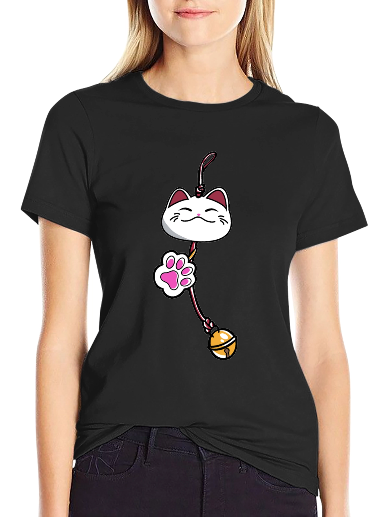 Lucky Cat Charm Graphic Tee - Black