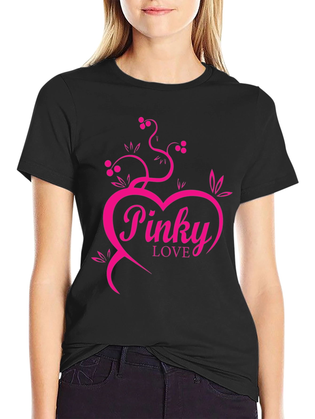 Pinky Love Black T-Shirt - Heart & Vines Graphic