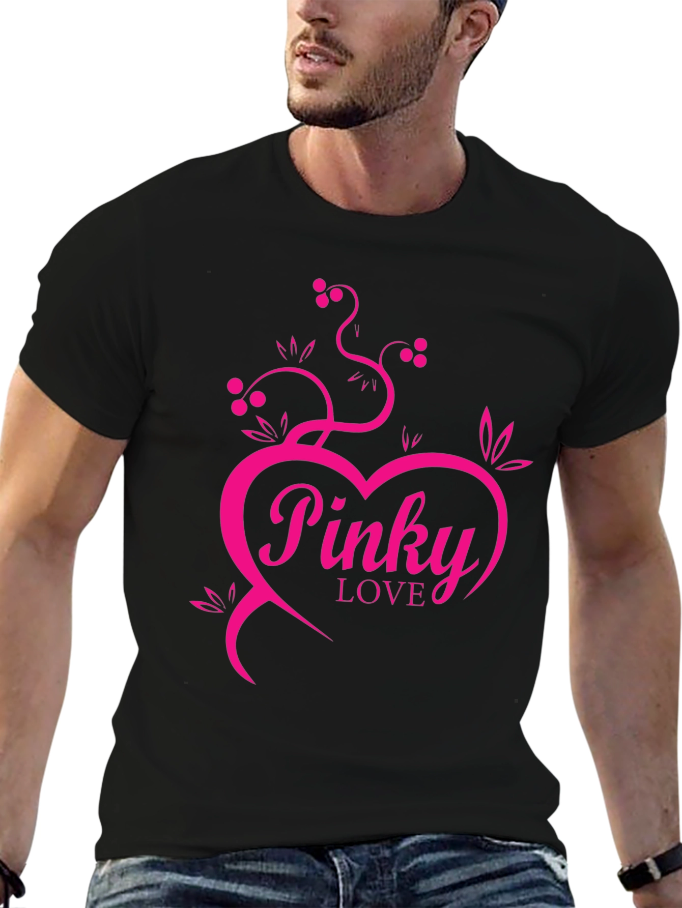 Pinky Love Black T-Shirt - Heart & Vines Graphic