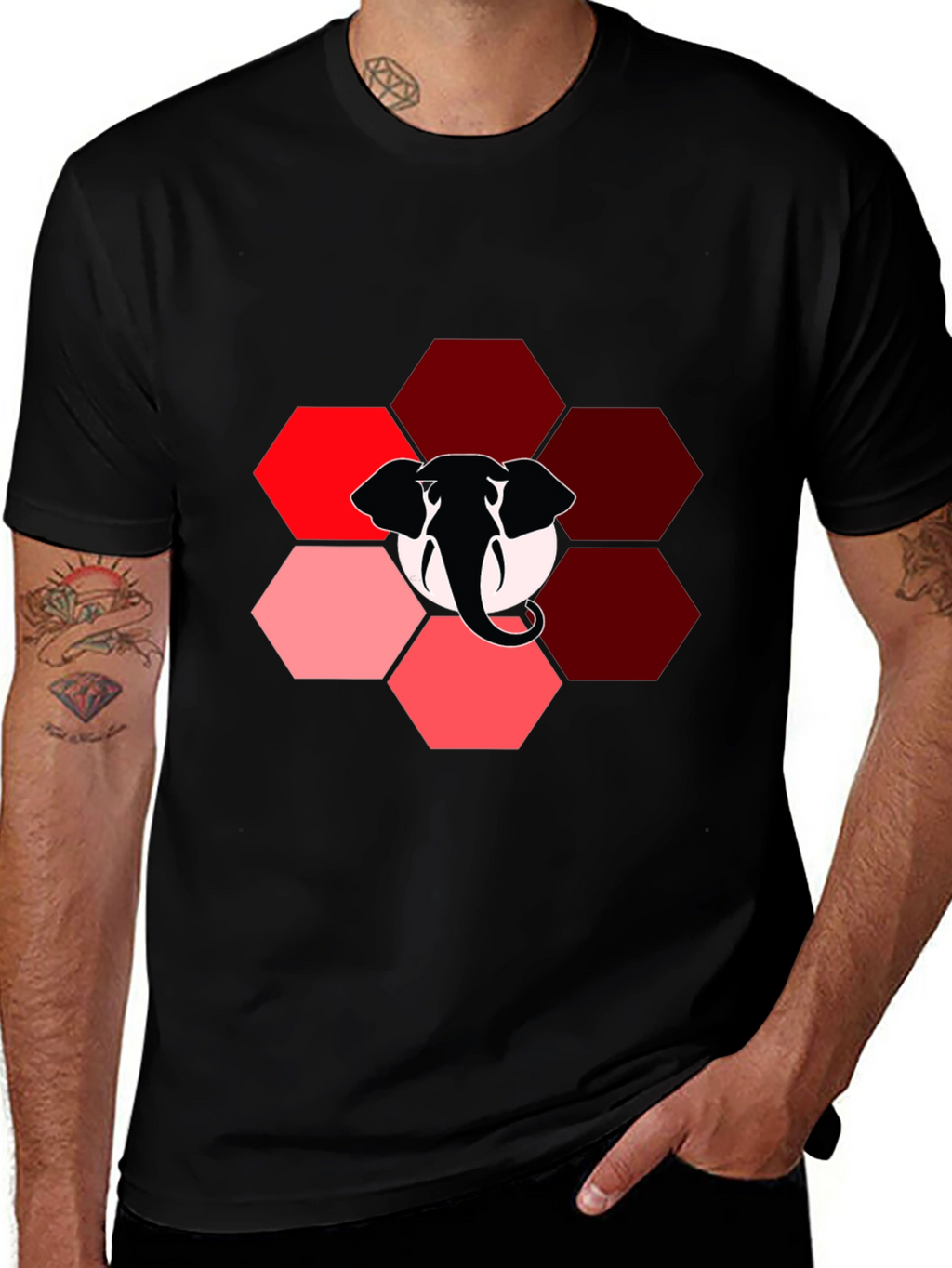 Elephant Hexagon Graphic Black T-Shirt