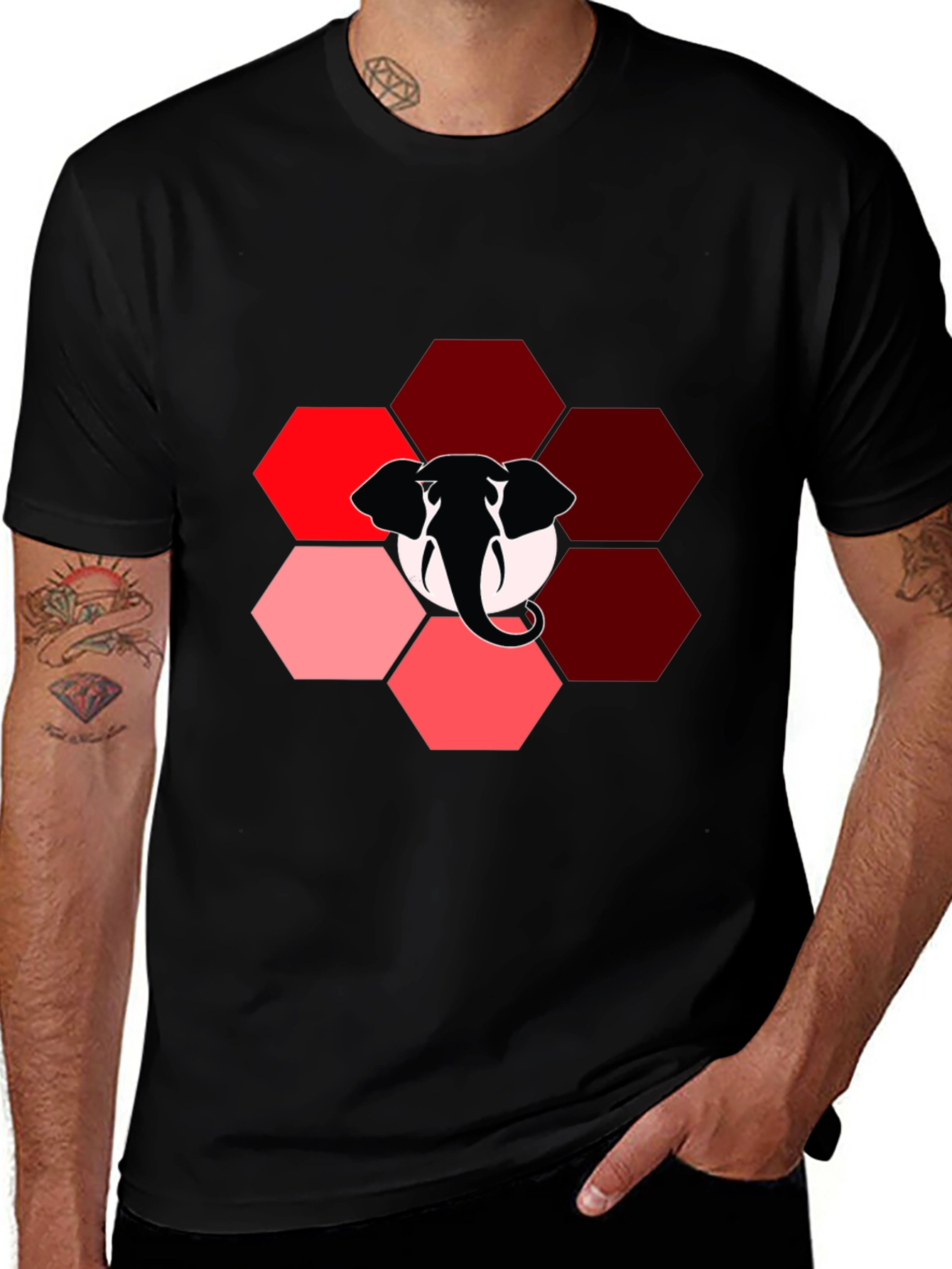 Elephant Hexagon Graphic Black T-Shirt