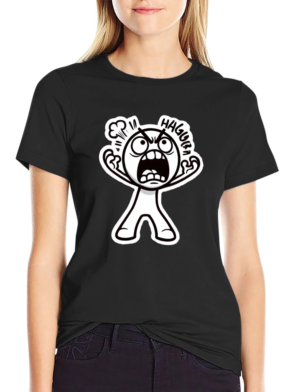 Haggura Cartoon Graphic Black T-Shirt