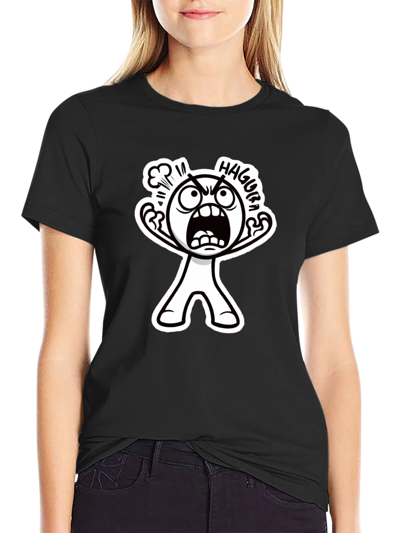 Haggura Cartoon Graphic Black T-Shirt